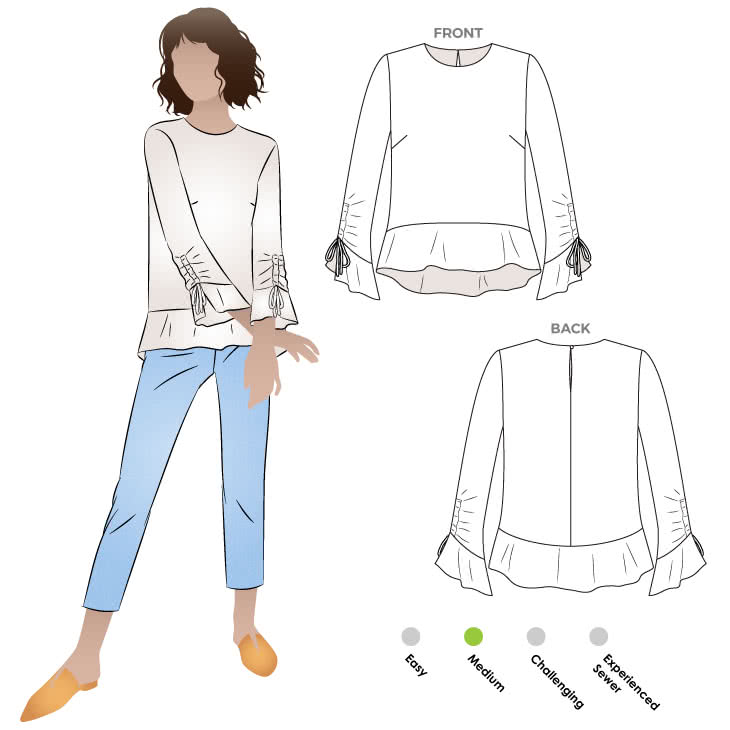 Miley Woven Top Sewing Pattern By Style Arc - Feminine, loose-fitting top featuring a high-low hem flounce and draw string sleeve.