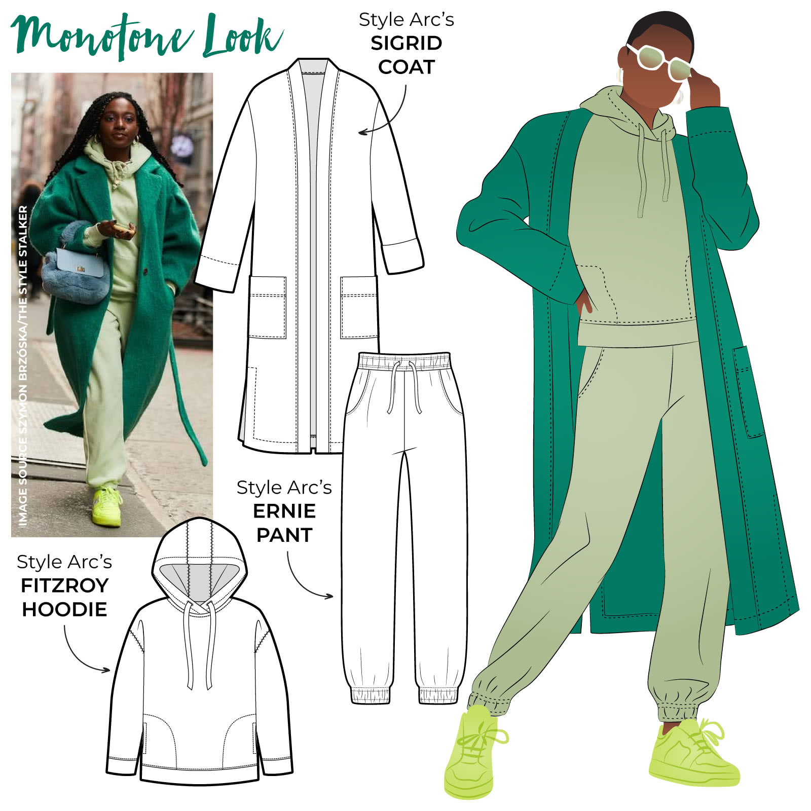 Monotone Look Sewing Pattern Bundle By Style Arc - A cool and cosy trans seasonal look with longline knit coat, hoodie and track pant.