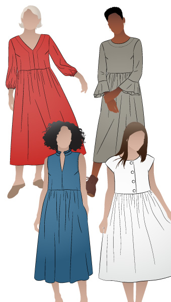 Montana Dress Extension Pack By Style Arc - Change up your Montana Midi Dress with these additional pattern pieces. You will receive 4 bodice and 3 sleeve pattern options designed to match the skirt of the original Montana Midi Dress pattern, creating over 12 different looks. You will also need the original Montana Midi Dress pattern to use this extension pack.