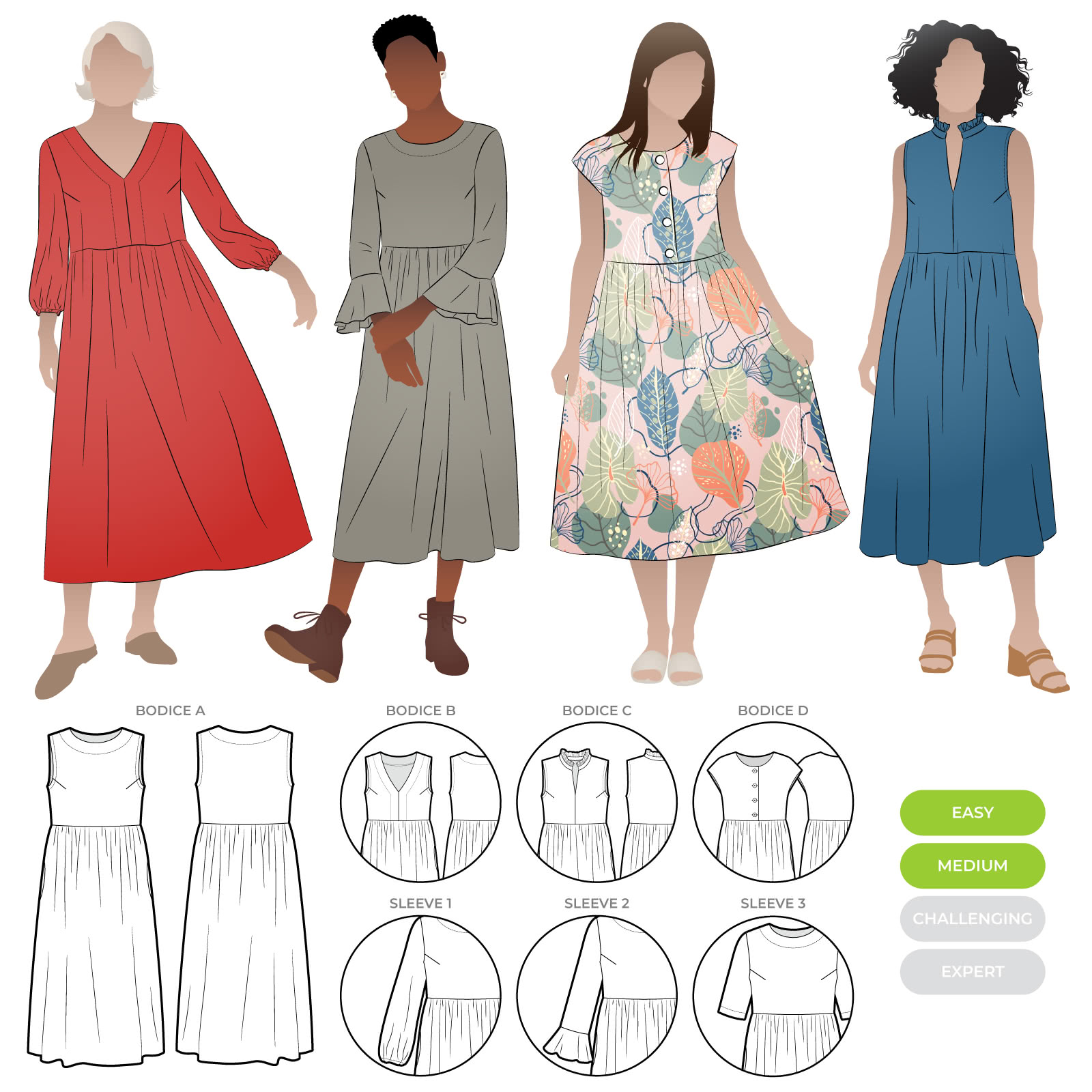 Montana Dress Extension Pack By Style Arc - Change up your Montana Midi Dress with these additional pattern pieces. You will receive 4 bodice and 3 sleeve pattern options designed to match the skirt of the original Montana Midi Dress pattern, creating over 12 different looks. You will also need the original Montana Midi Dress pattern to use this extension pack.
