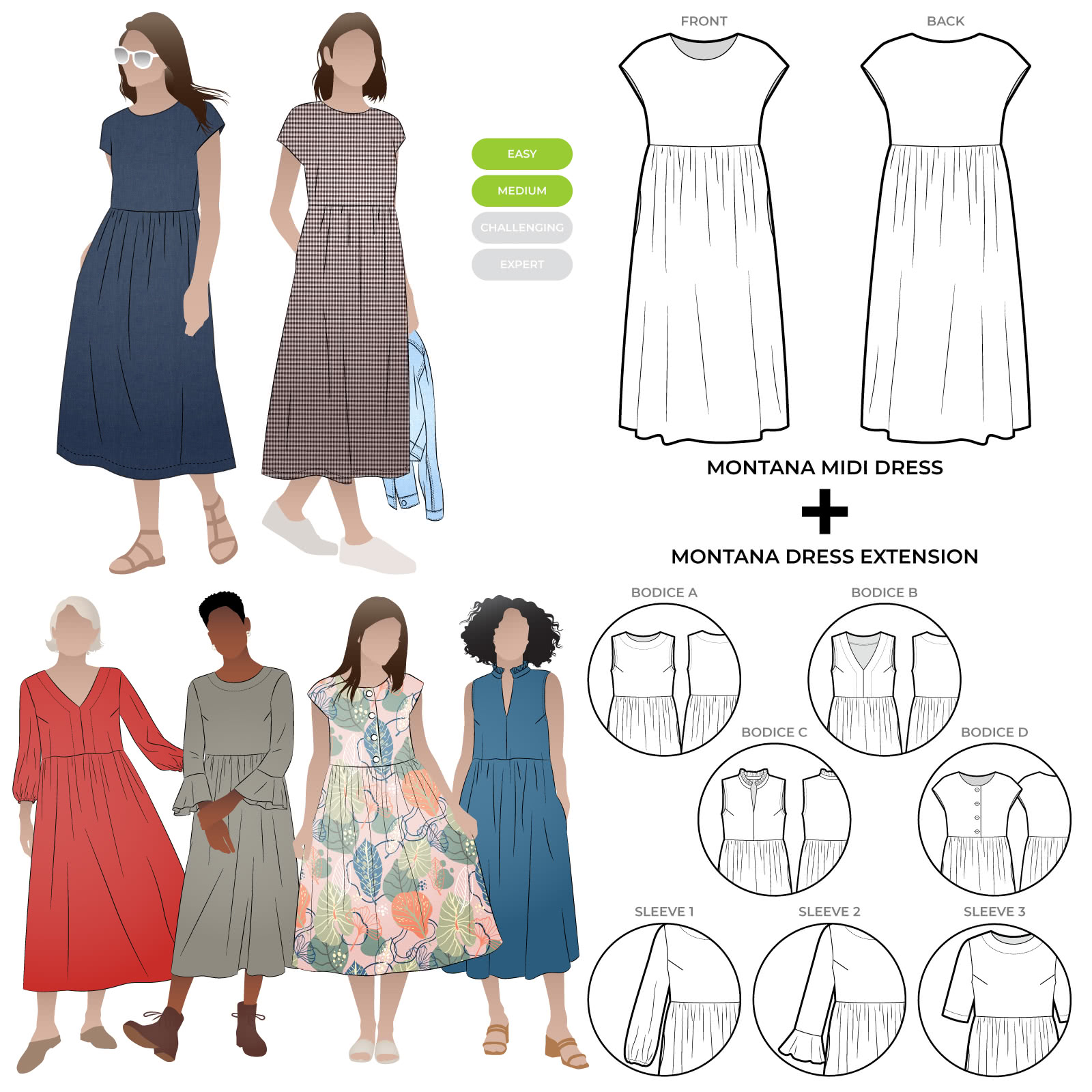 Montana Midi Dress and Extension Pack Sewing Pattern Bundle By Style Arc - Make over 12 different looks with the Montana Midi Dress + Extension Pack patterns.