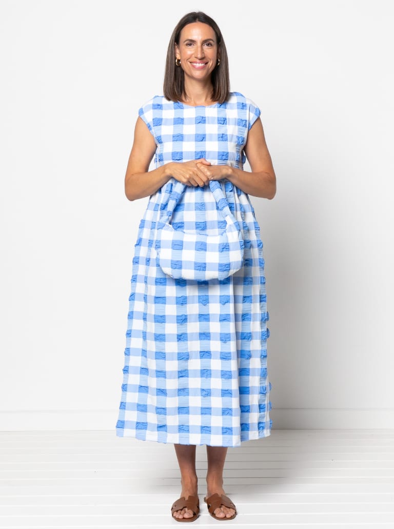 Montana Midi Dress and Montana Bag Bundle By Style Arc - This sewing pattern bundle includes the versatile Montana midi dress and the half-moon shoulder bag, which is stylish, practical, and quick to sew.