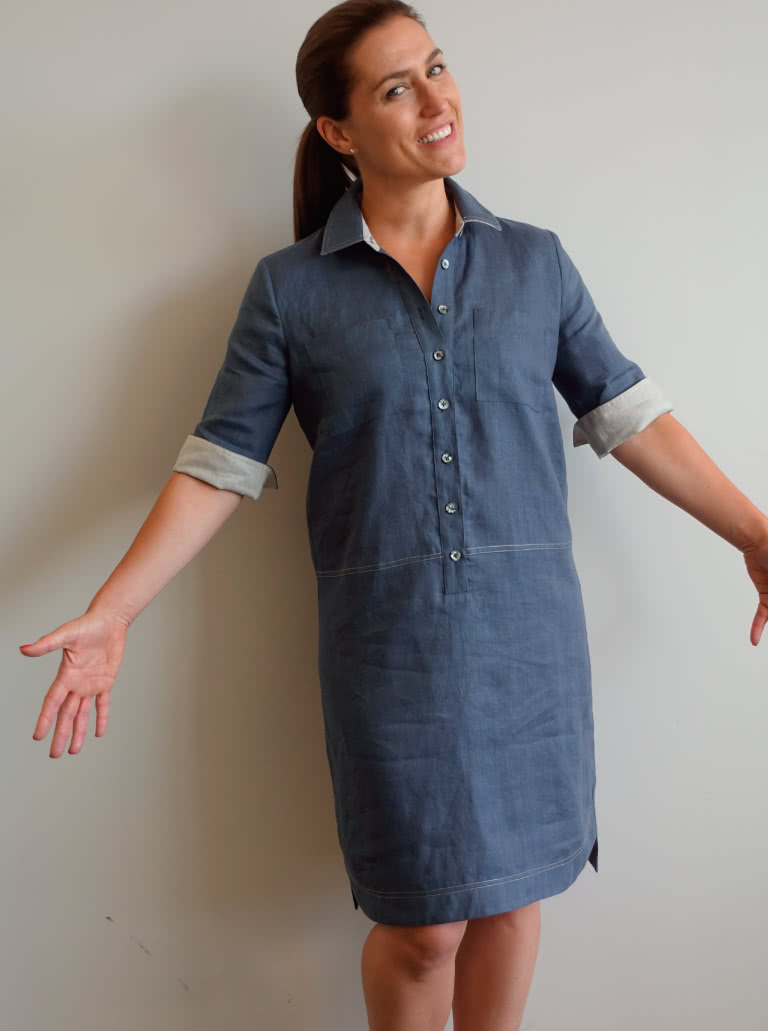 Murphy Woven Dress By Style Arc - Shirt maker dress featuring a cuffed mid length sleeve and shaped hi - low hem line with a difference.