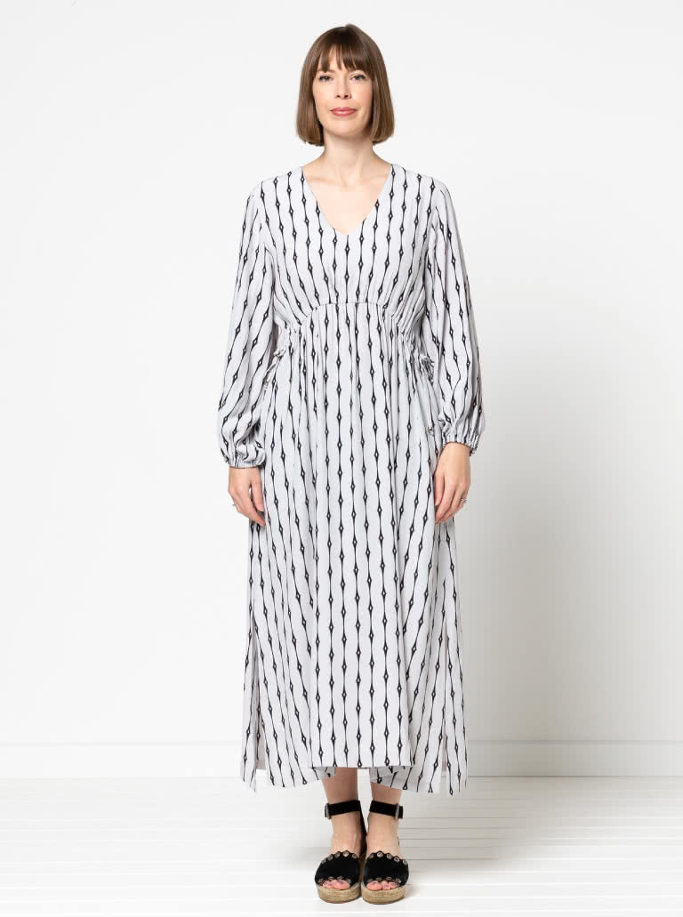 Naomi Woven Dress By Style Arc - "V" neck, pull on long line dress with draw string waist