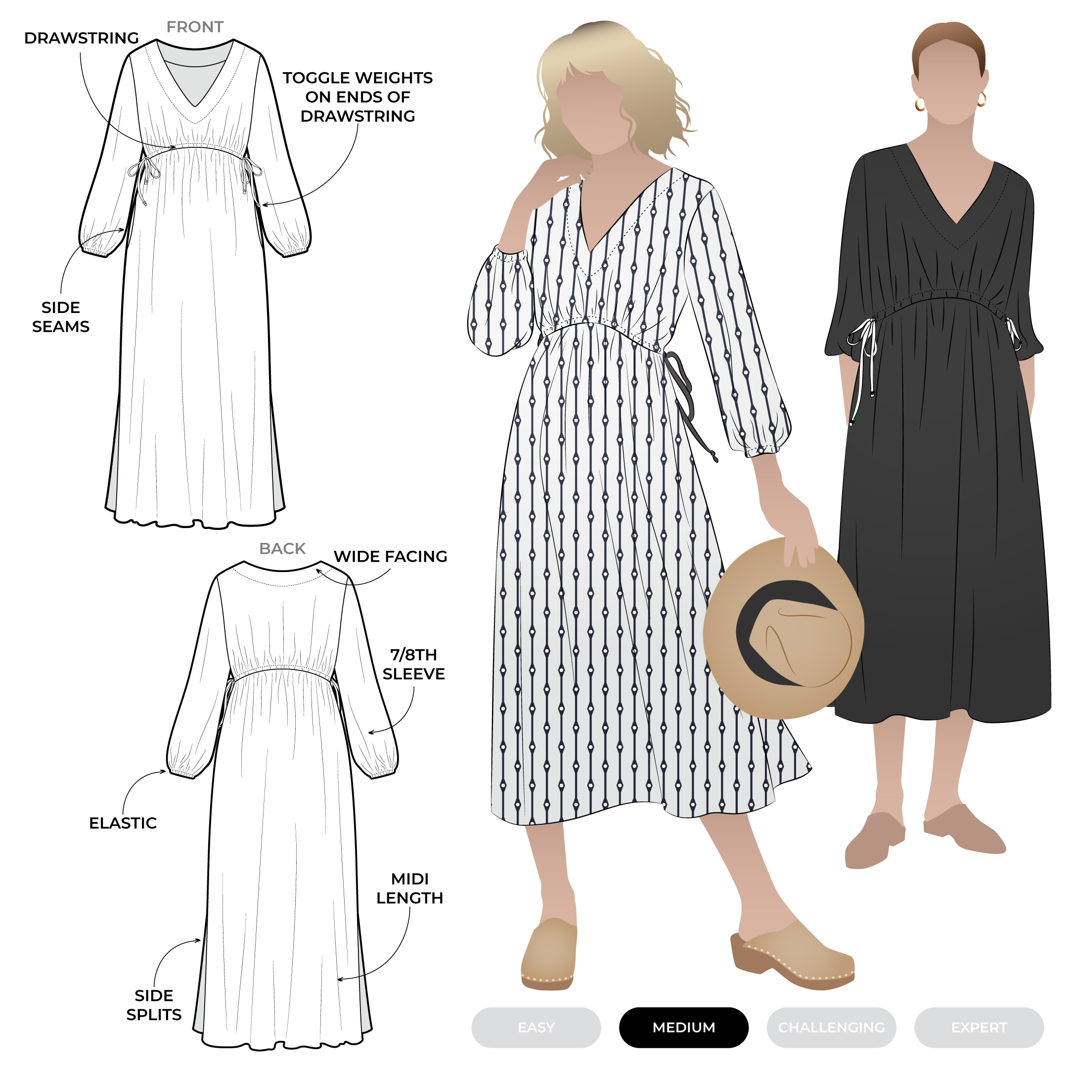Naomi Woven Dress Naomi Woven Dress by Style Arc - V-neck, pull-on, long line dress with drawstring waist