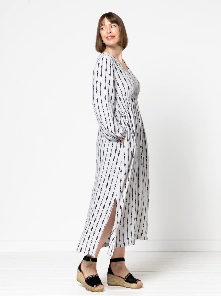 Naomi Woven Dress By Style Arc - "V" neck, pull on long line dress with draw string waist