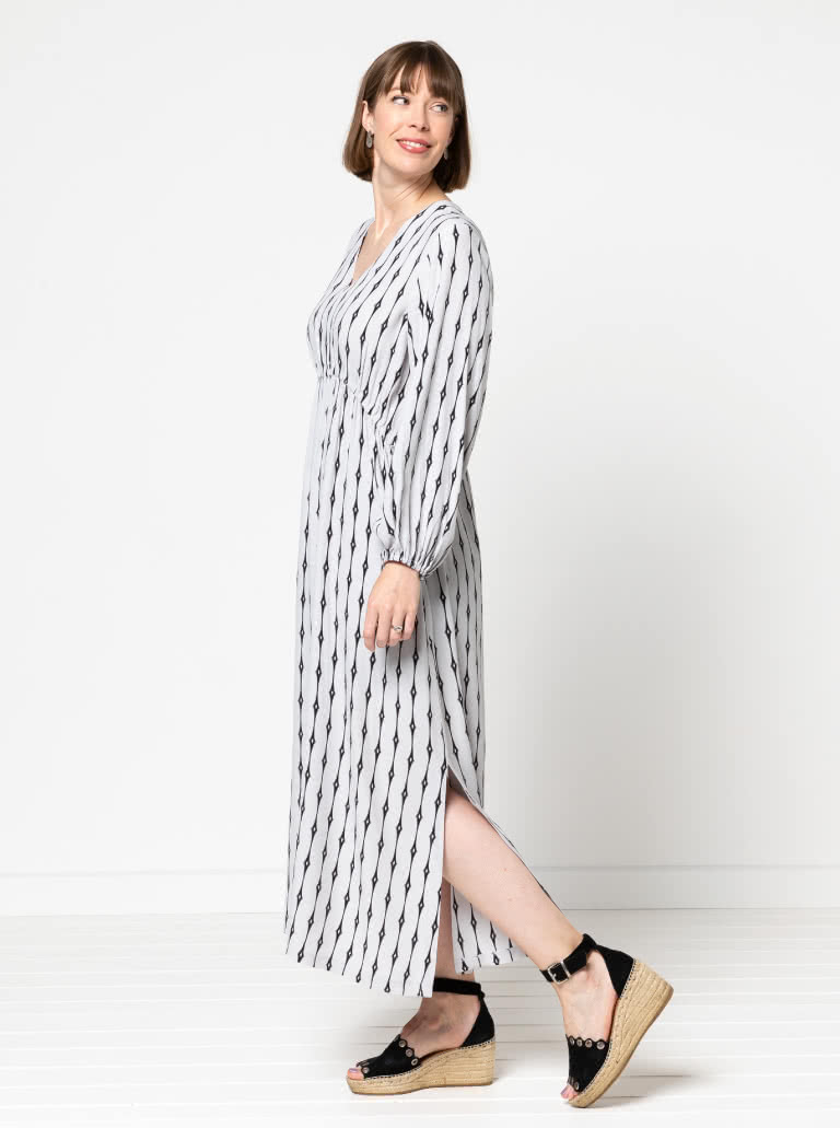 Naomi Woven Dress By Style Arc - "V" neck, pull on long line dress with draw string waist