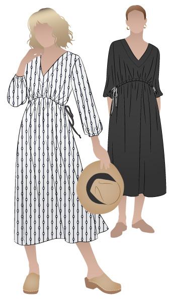 Naomi Woven Dress By Style Arc - "V" neck, pull on long line dress with draw string waist