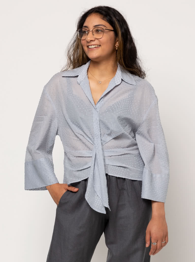 Nicola Woven Shirt By Style Arc - Button front blouse with faux tie, two-piece collar and wide, cuffed sleeves.