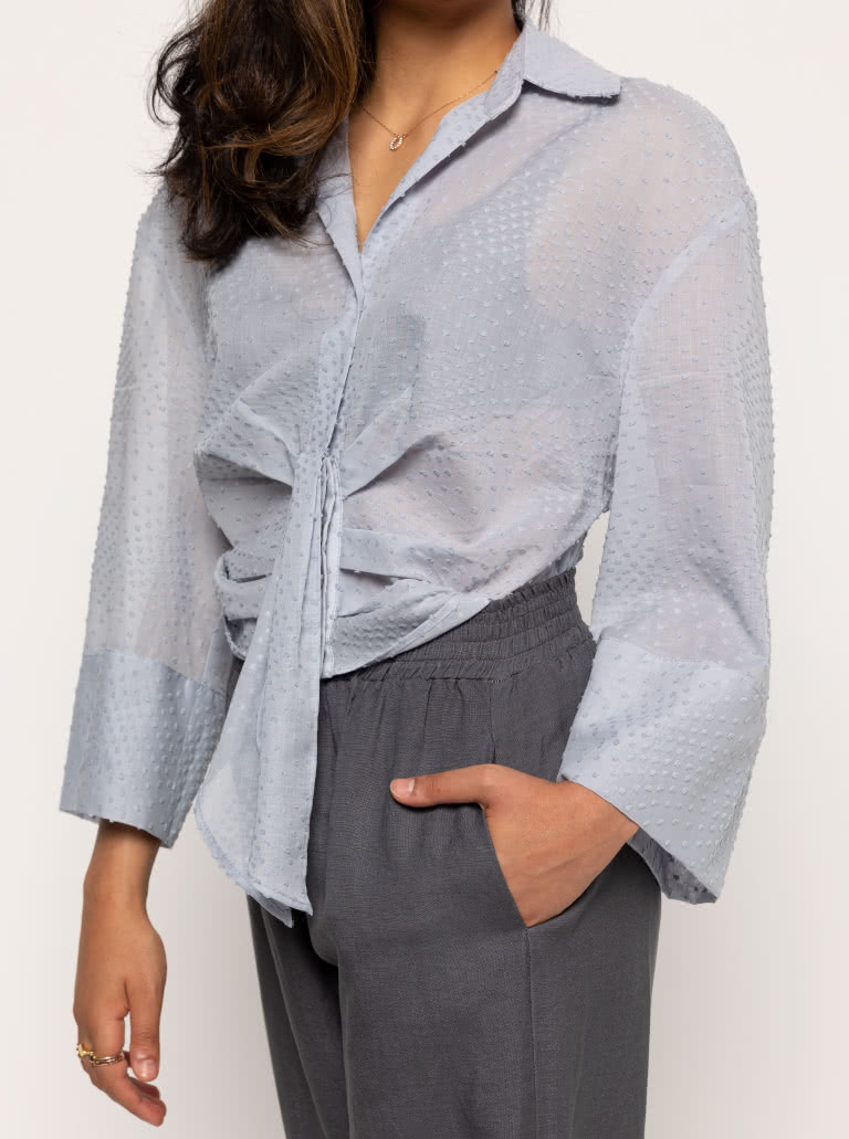 Nicola Woven Shirt By Style Arc - Button front blouse with faux tie, two-piece collar and wide, cuffed sleeves.