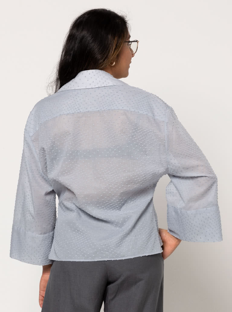 Nicola Woven Shirt By Style Arc - Button front blouse with faux tie, two-piece collar and wide, cuffed sleeves.