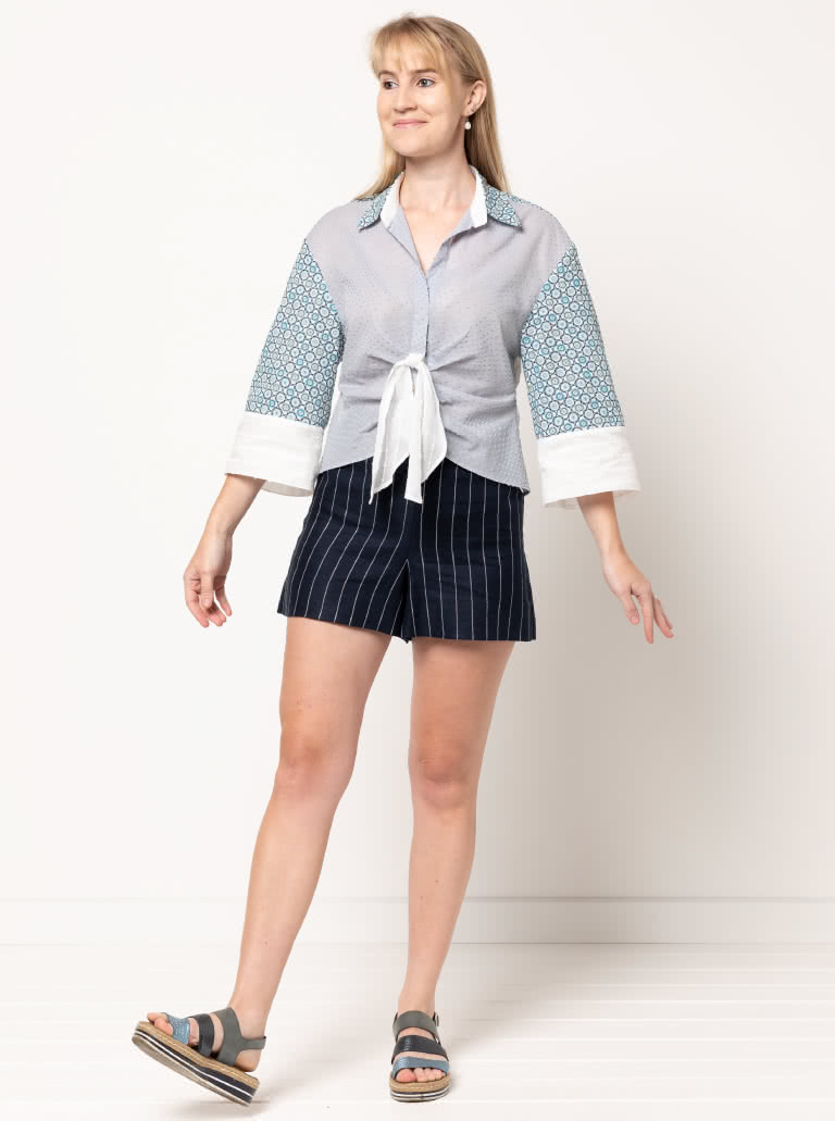 Nicola Woven Shirt By Style Arc - Button front blouse with faux tie, two-piece collar and wide, cuffed sleeves.