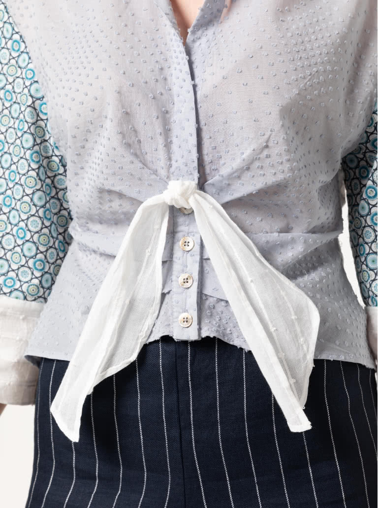 Nicola Woven Shirt By Style Arc - Button front blouse with faux tie, two-piece collar and wide, cuffed sleeves.