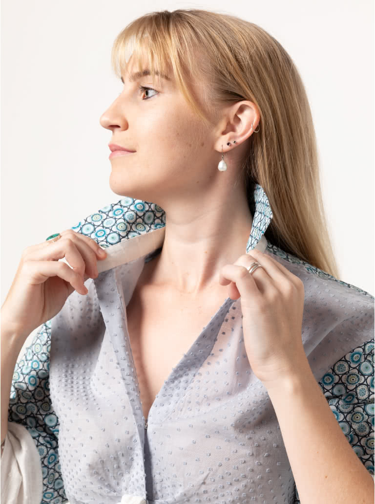 Nicola Woven Shirt By Style Arc - Button front blouse with faux tie, two-piece collar and wide, cuffed sleeves.