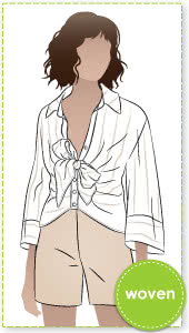 Nicola Woven Shirt By Style Arc - Button front blouse with faux tie, two-piece collar and wide, cuffed sleeves.