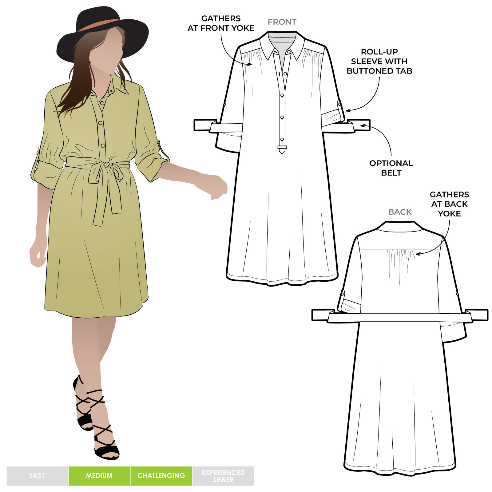 Nikki Dress Sewing Pattern By Style Arc - Breezy button front dress with roll-up sleeve