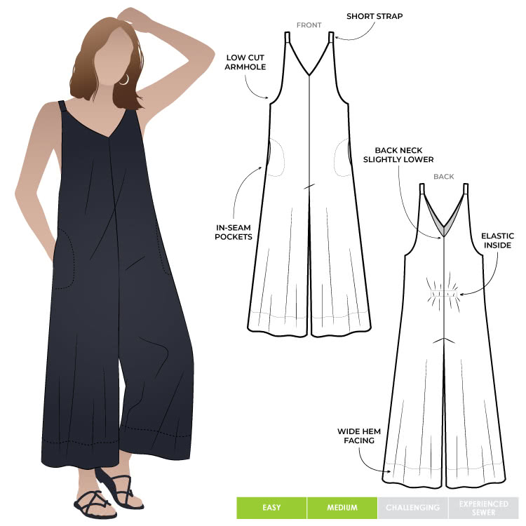 Norman Jumpsuit By Style Arc - "V" neck pull on jumpsuit with wide 7/8th leg length