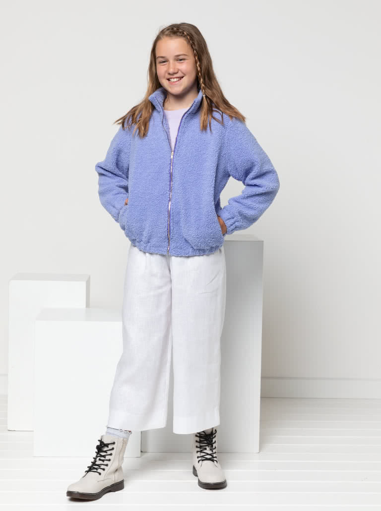 Teddy Teens Jacket By Style Arc - Easy fit zip front jacket with stand collar and encased elastic in the hem and sleeves, for teens 8-16.