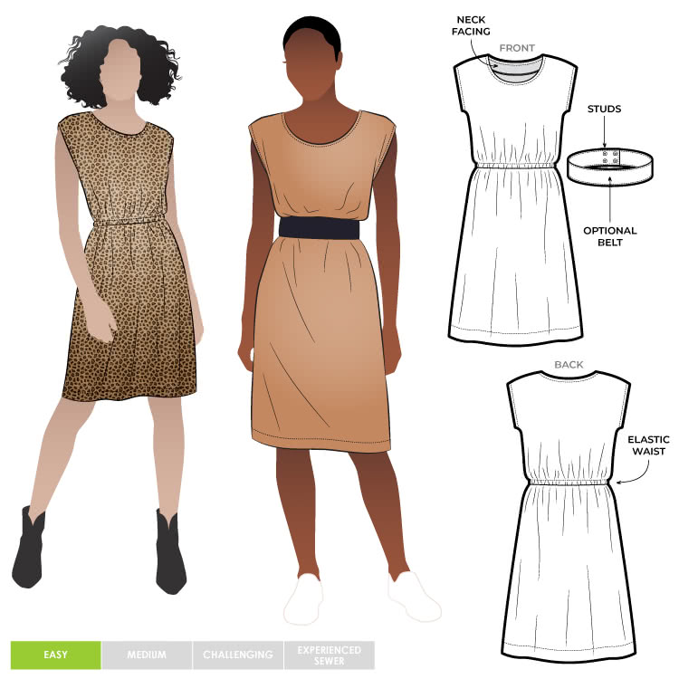 Olivia Dress Sewing Pattern By Style Arc - Square shaped dress with extended shoulder line and elastic waist.
