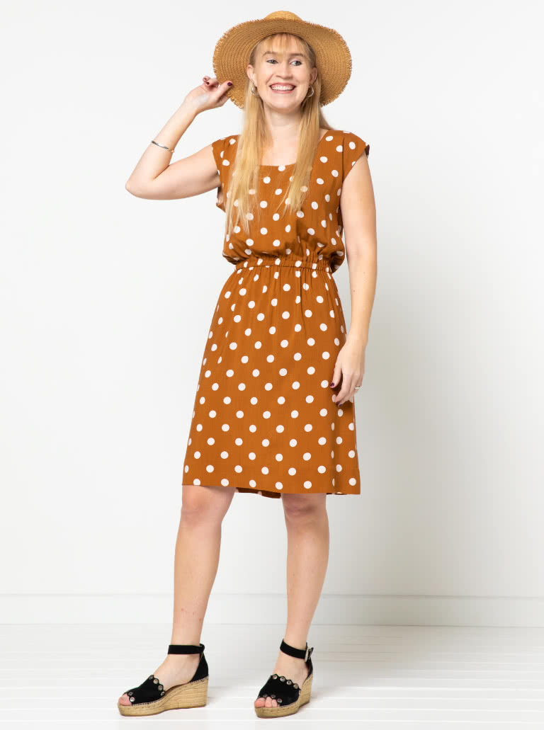 Olivia Dress Sewing Pattern By Style Arc - Square shaped dress with extended shoulder line and elastic waist.