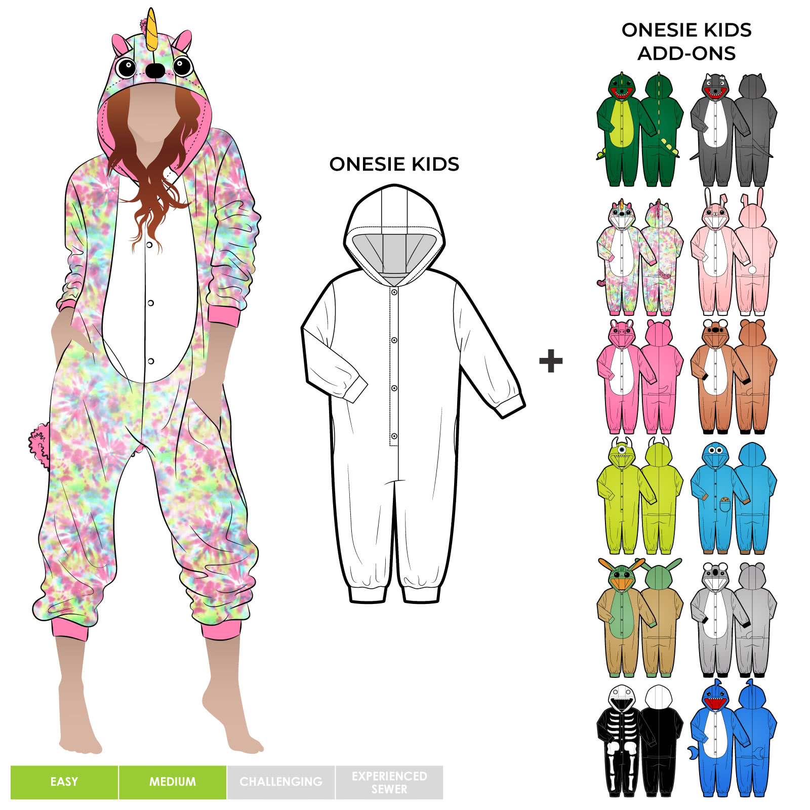 Onesie Kids + Onesie Kids Add Ons Bundle By Style Arc - Pattern pieces for 11 different characters to add to your Onesie pattern. Use your imagination to create your unique character, for kids 2-14