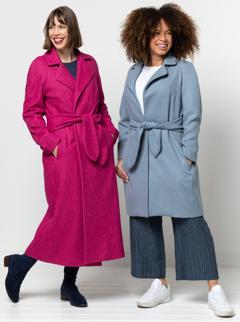 Ormond Designer Coat By Style Arc - Long length or shorter length fully lined wrap front coat with waist ties and raglan sleeves.