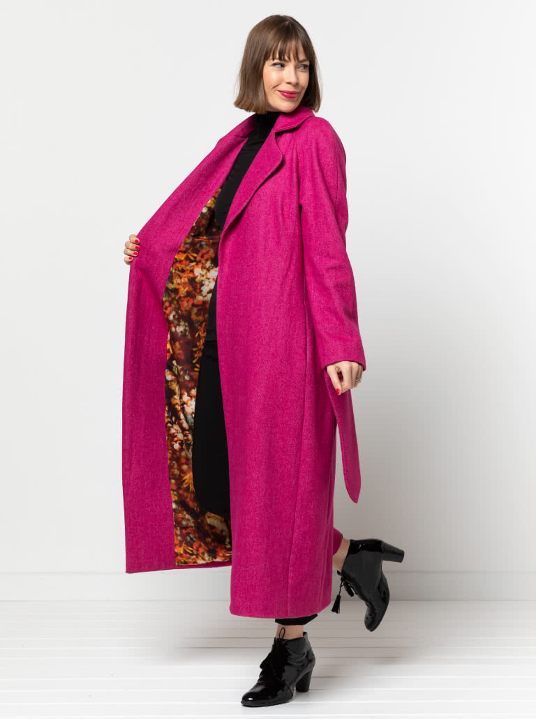 Ormond Designer Coat By Style Arc - Long length or shorter length fully lined wrap front coat with waist ties and raglan sleeves.