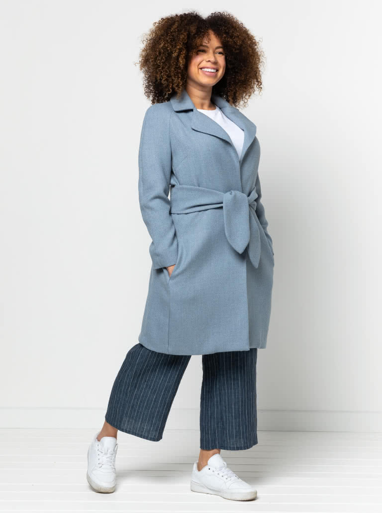 Ormond Designer Coat By Style Arc - Long length or shorter length fully lined wrap front coat with waist ties and raglan sleeves.