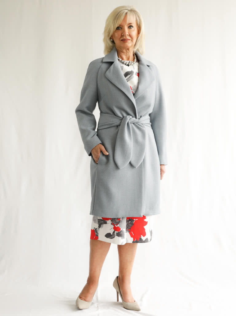 Ormond Designer Coat By Style Arc - Long length or shorter length fully lined wrap front coat with waist ties and raglan sleeves.