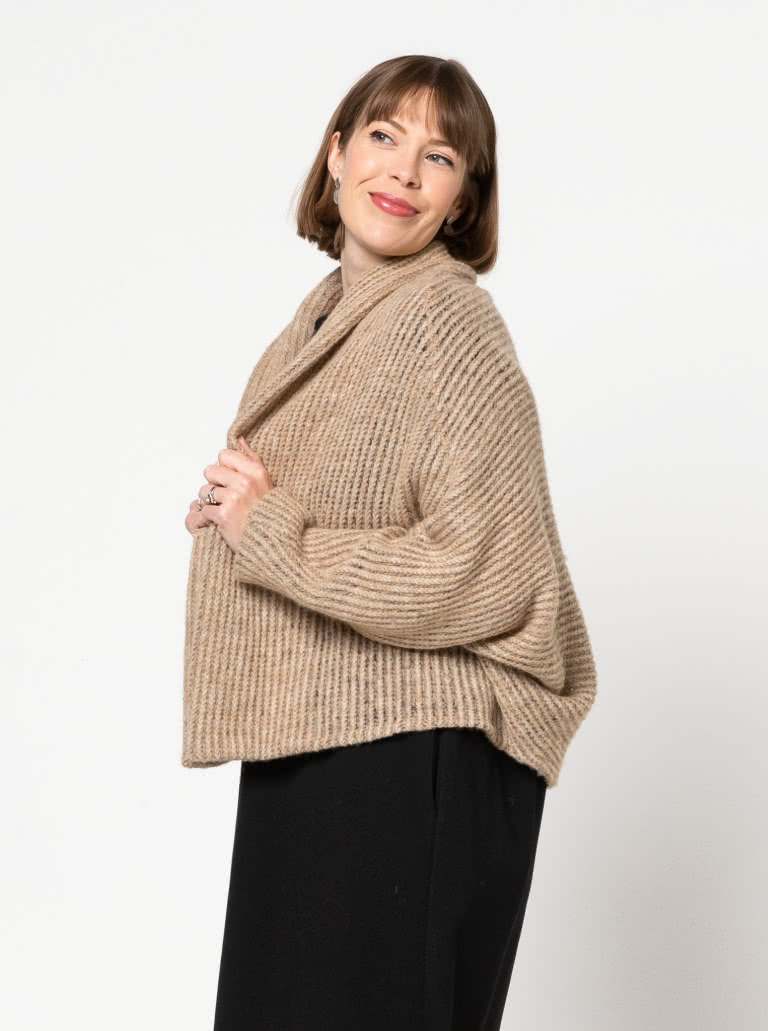 Palermo Knit Jacket By Style Arc - Shrug style jacket featuring long sleeves, neck hugging collar and interesting design lines.