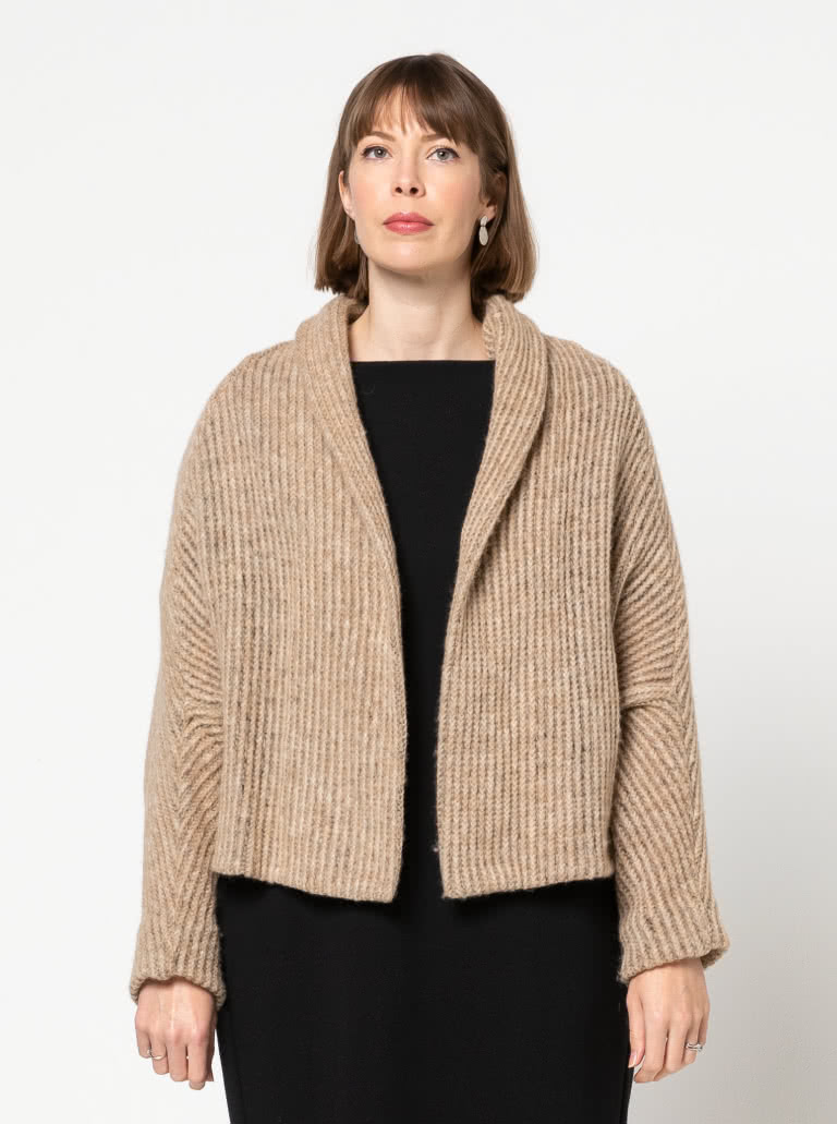 Palermo Knit Jacket By Style Arc - Shrug style jacket featuring long sleeves, neck hugging collar and interesting design lines.