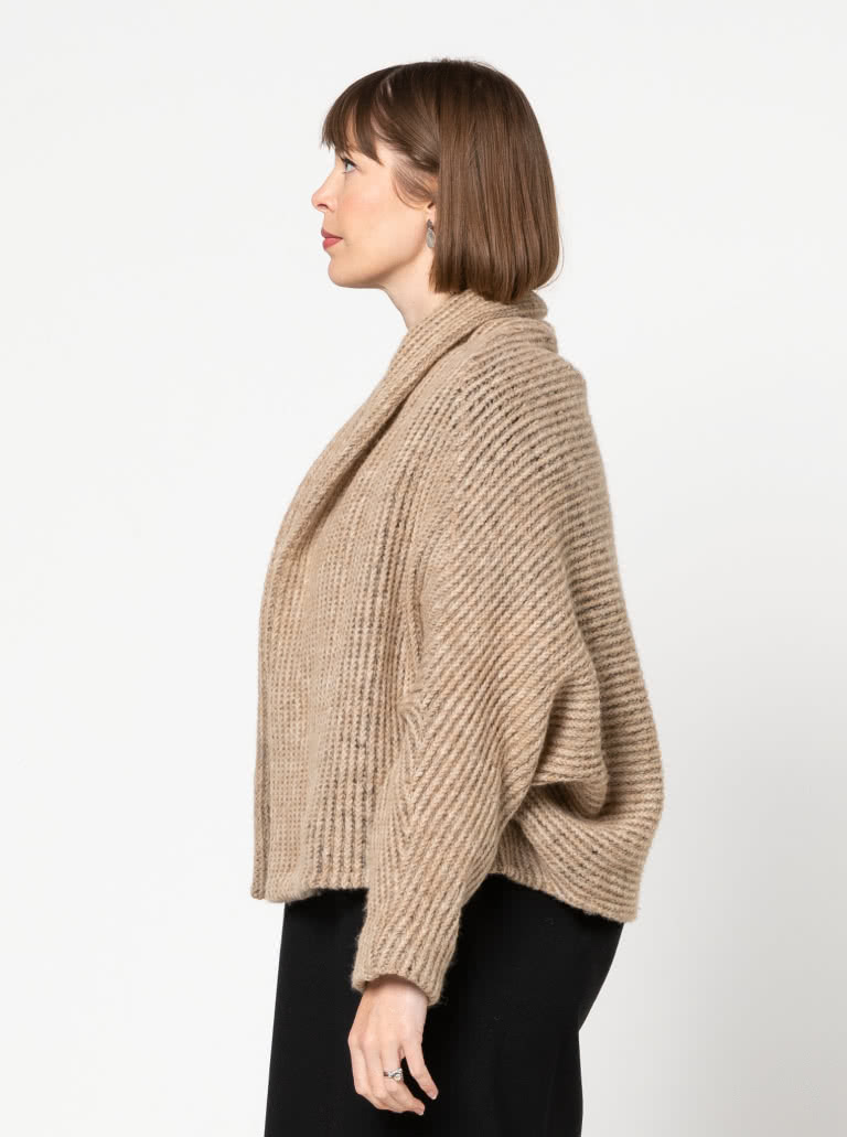 Palermo Knit Jacket By Style Arc - Shrug style jacket featuring long sleeves, neck hugging collar and interesting design lines.