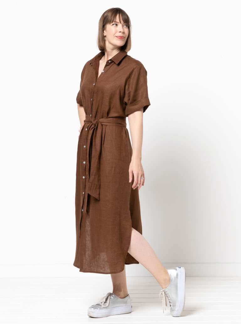 Palmer Woven Dress By Style Arc - Short sleeved shirtmaker dress with side splits and inseam pockets.