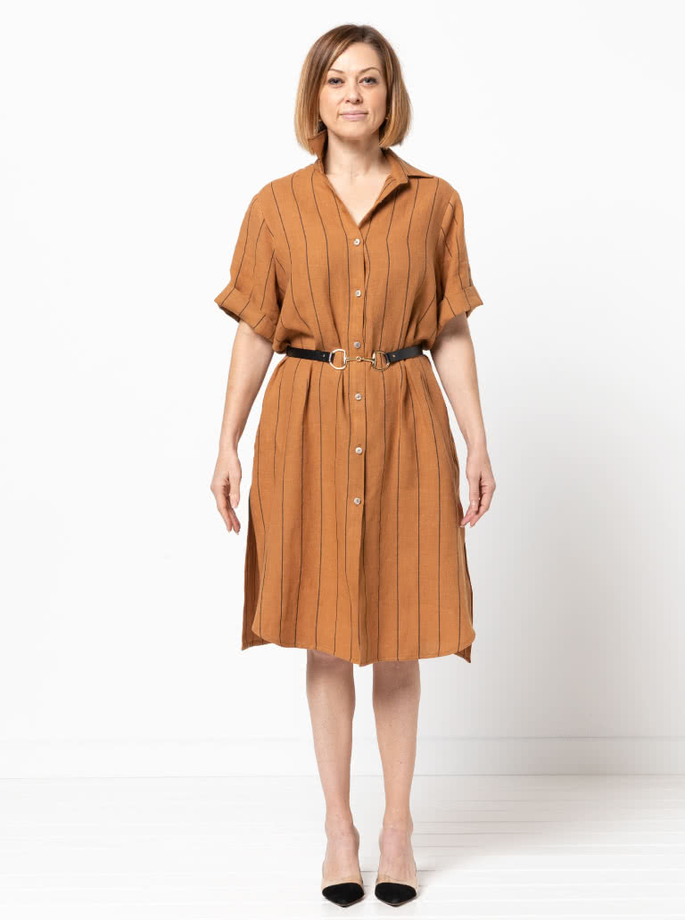 Palmer Woven Dress By Style Arc - Short sleeved shirtmaker dress with side splits and inseam pockets.