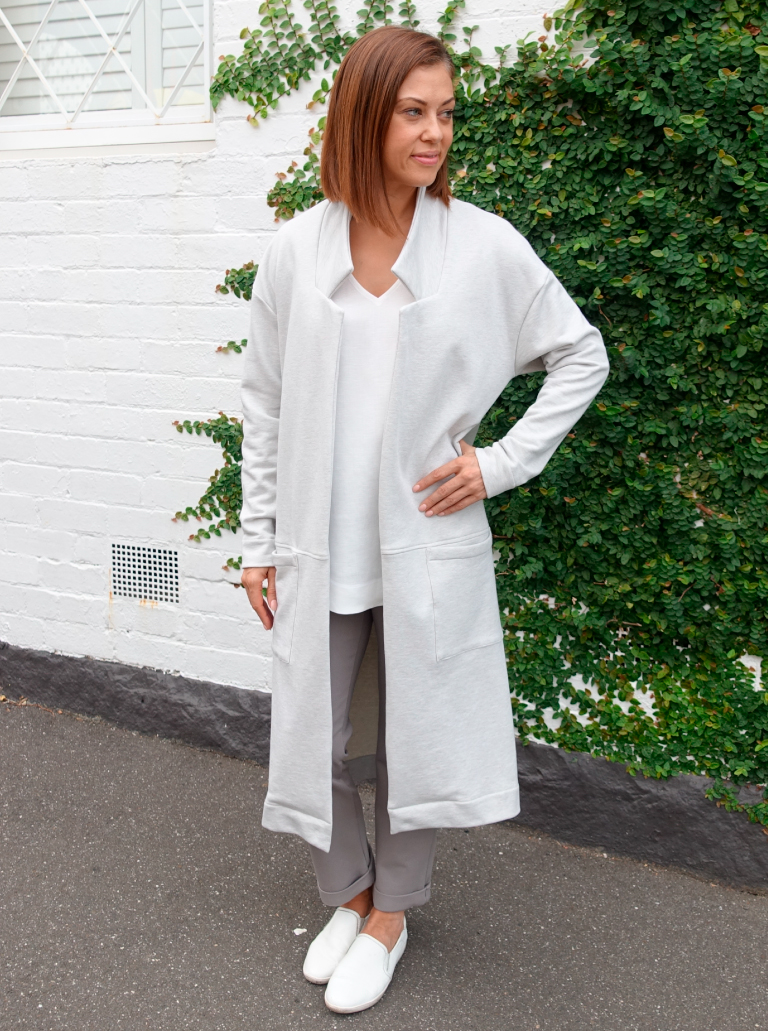 Parker Knit Coat Sewing Pattern By Style Arc - On trend long line casual knit coat with patch pockets.