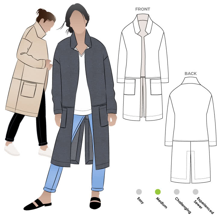 Parker Coat Sewing Pattern By Style Arc - On trend long line casual knit coat with patch pockets.