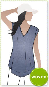 Parker Tunic Sewing Pattern By Style Arc - V-neck tunic with a cap sleeve and rounded hem facings.