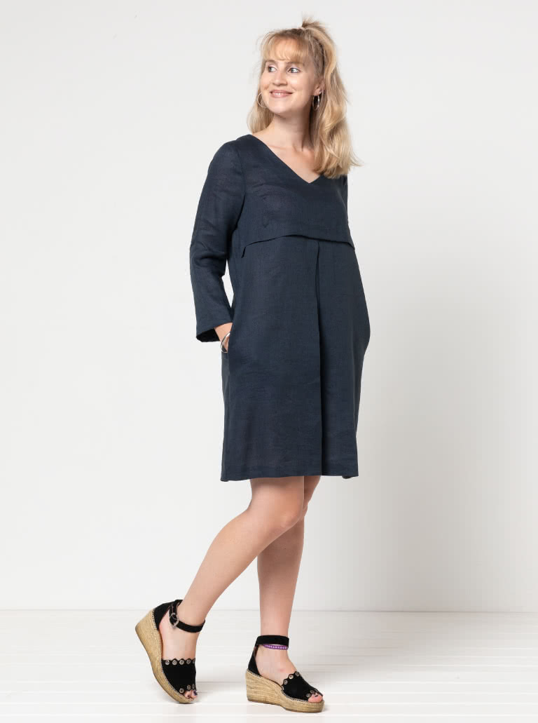 Patricia Rose Dress Sewing Pattern By Style Arc - Loose fitting V-neck dress with front inverted pleat and in-seam pockets.