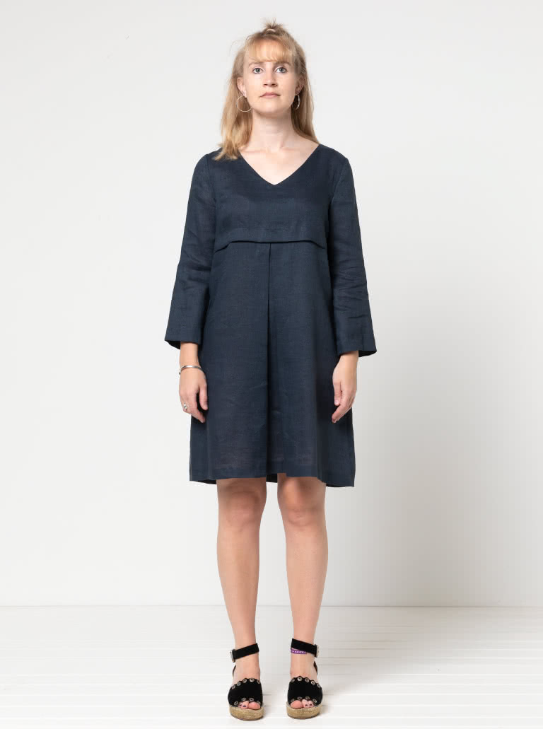 Patricia Rose Dress Sewing Pattern By Style Arc - Loose fitting V-neck dress with front inverted pleat and in-seam pockets.