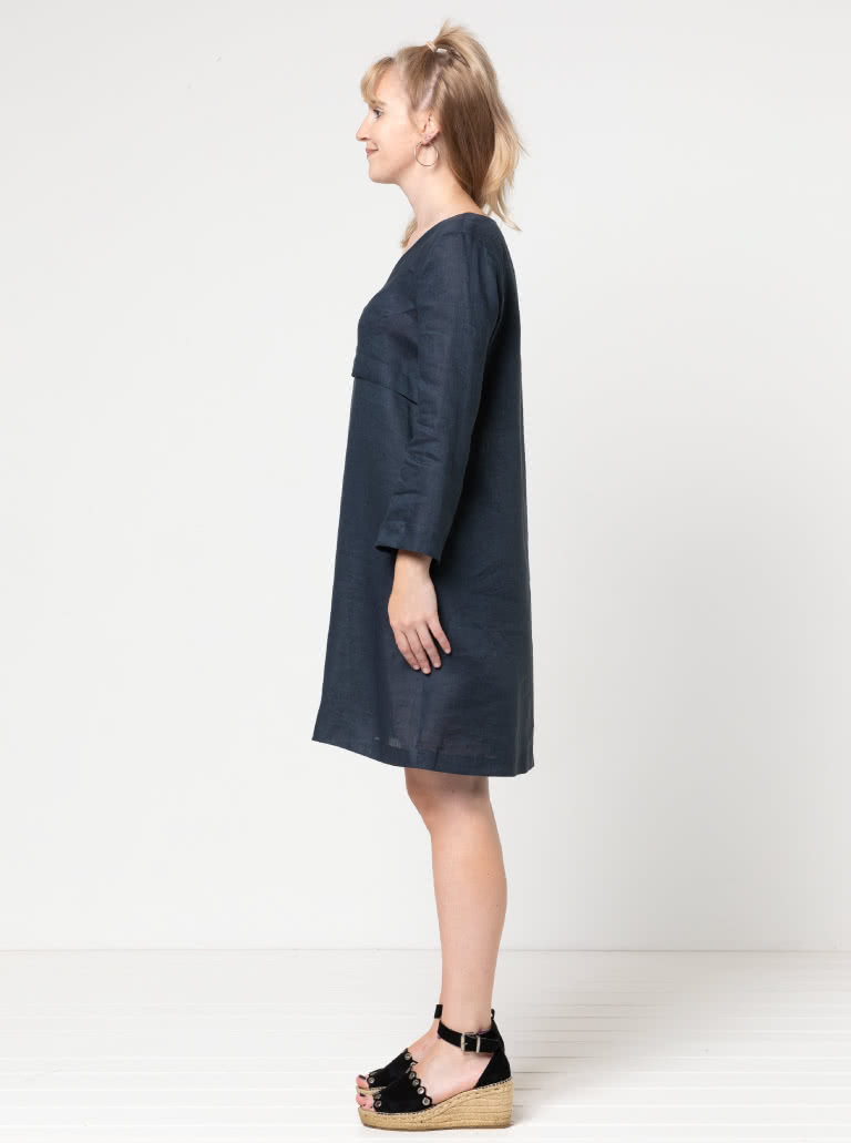 Patricia Rose Dress Sewing Pattern By Style Arc - Loose fitting V-neck dress with front inverted pleat and in-seam pockets.