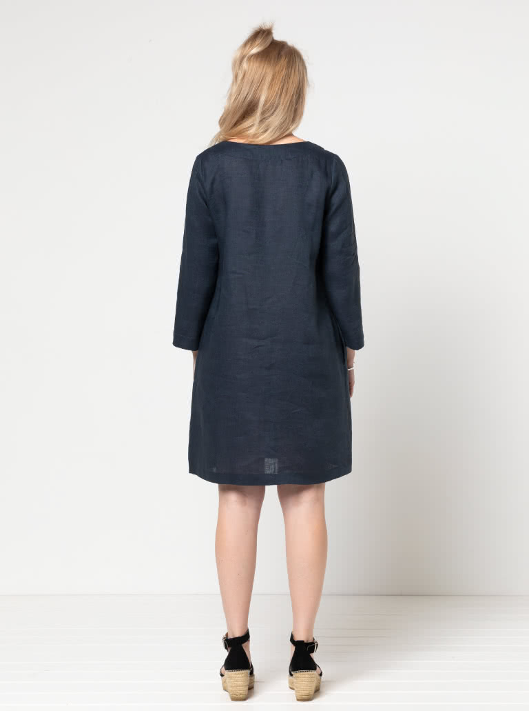 Patricia Rose Dress Sewing Pattern By Style Arc - Loose fitting V-neck dress with front inverted pleat and in-seam pockets.