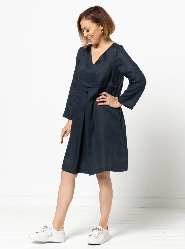 Patricia Rose Dress Sewing Pattern By Style Arc - Loose fitting V-neck dress with front inverted pleat and in-seam pockets.