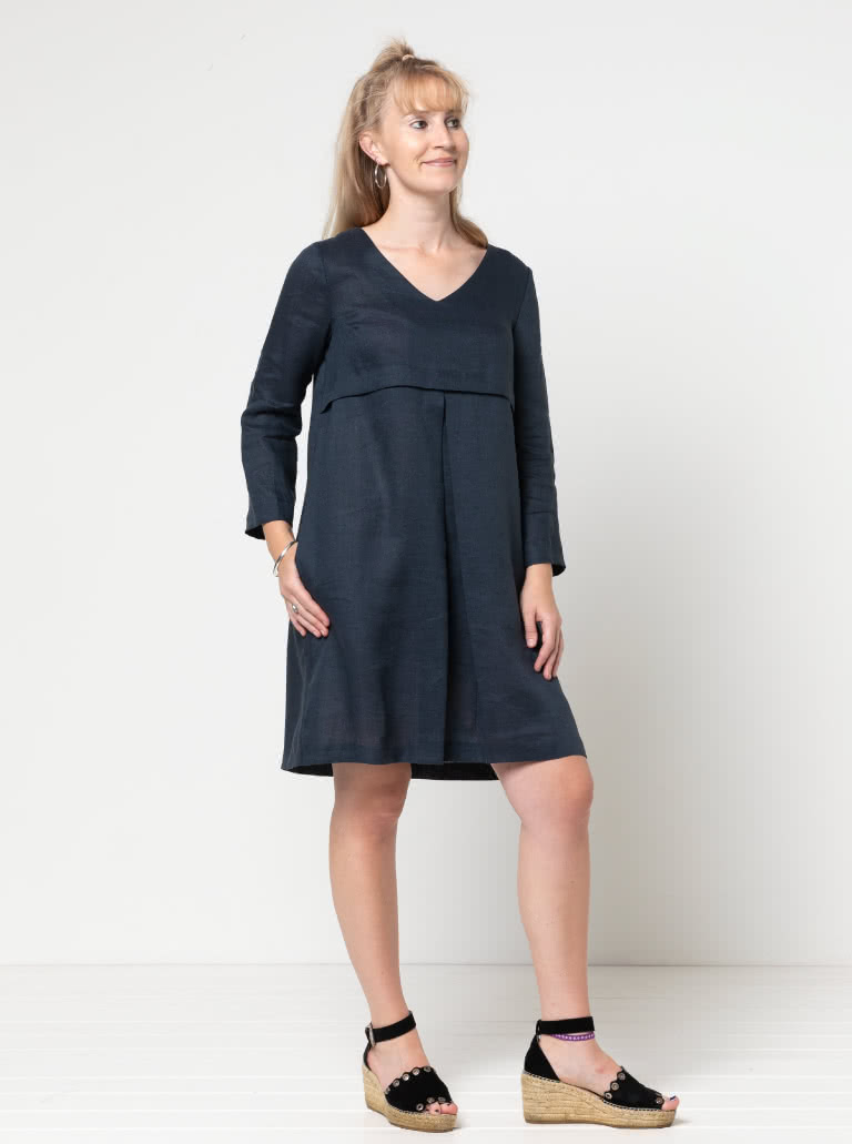 Patricia Rose Dress Sewing Pattern By Style Arc - Loose fitting V-neck dress with front inverted pleat and in-seam pockets.