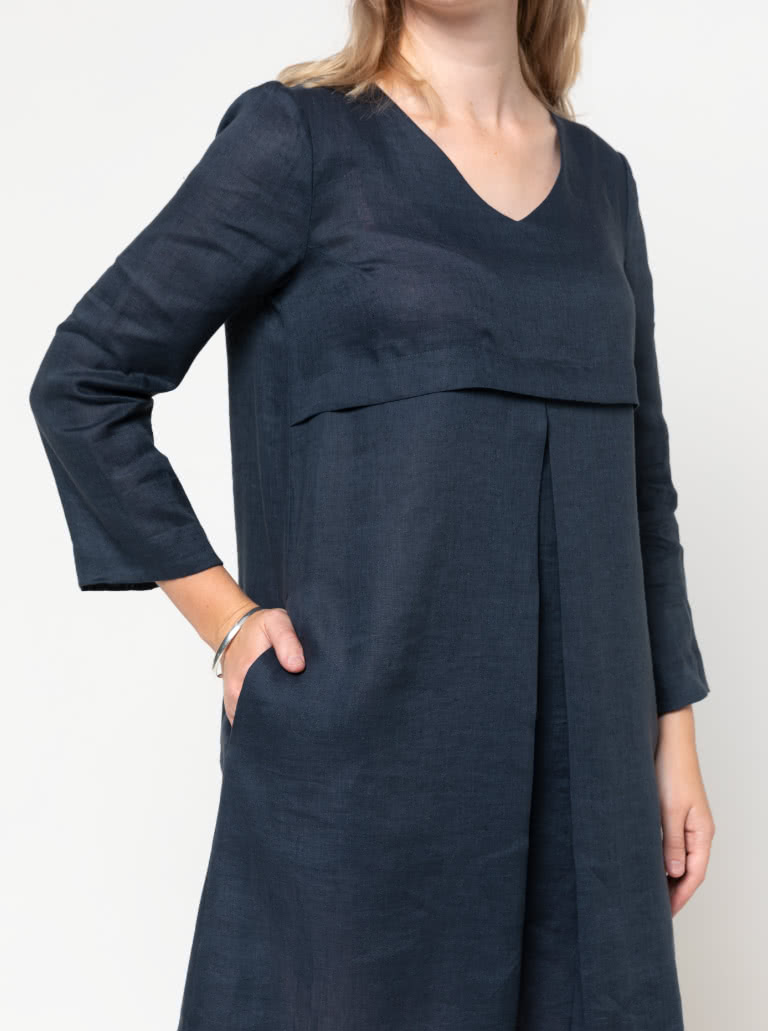 Patricia Rose Dress Sewing Pattern By Style Arc - Loose fitting V-neck dress with front inverted pleat and in-seam pockets.