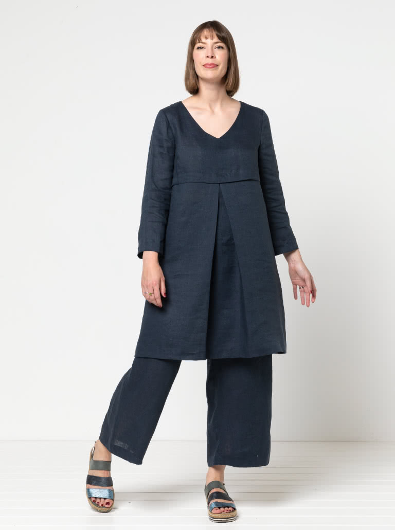 Patricia Rose Dress Sewing Pattern By Style Arc - Loose fitting V-neck dress with front inverted pleat and in-seam pockets.