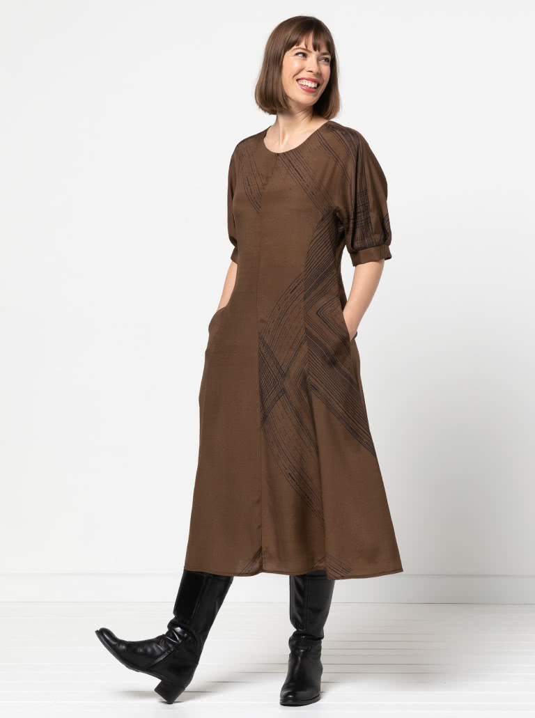 Penelope Woven Dress By Style Arc - Calf length, semi fitted princess line dress featuring an architecturally designed sleeve.