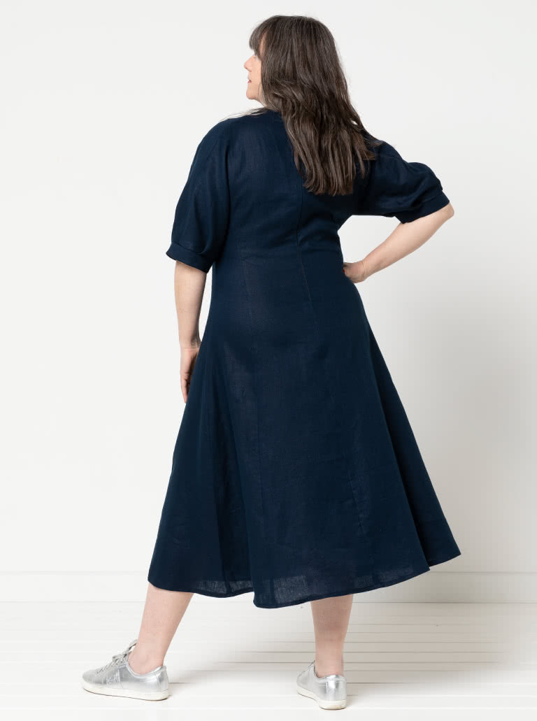 Penelope Woven Dress By Style Arc - Calf length, semi fitted princess line dress featuring an architecturally designed sleeve.