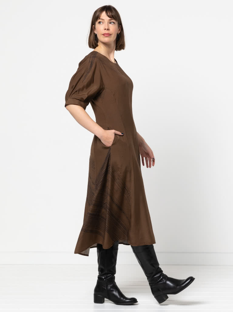 Penelope Woven Dress By Style Arc - Calf length, semi fitted princess line dress featuring an architecturally designed sleeve.