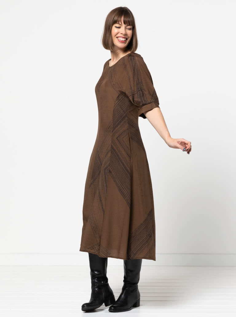 Penelope Woven Dress By Style Arc - Calf length, semi fitted princess line dress featuring an architecturally designed sleeve.