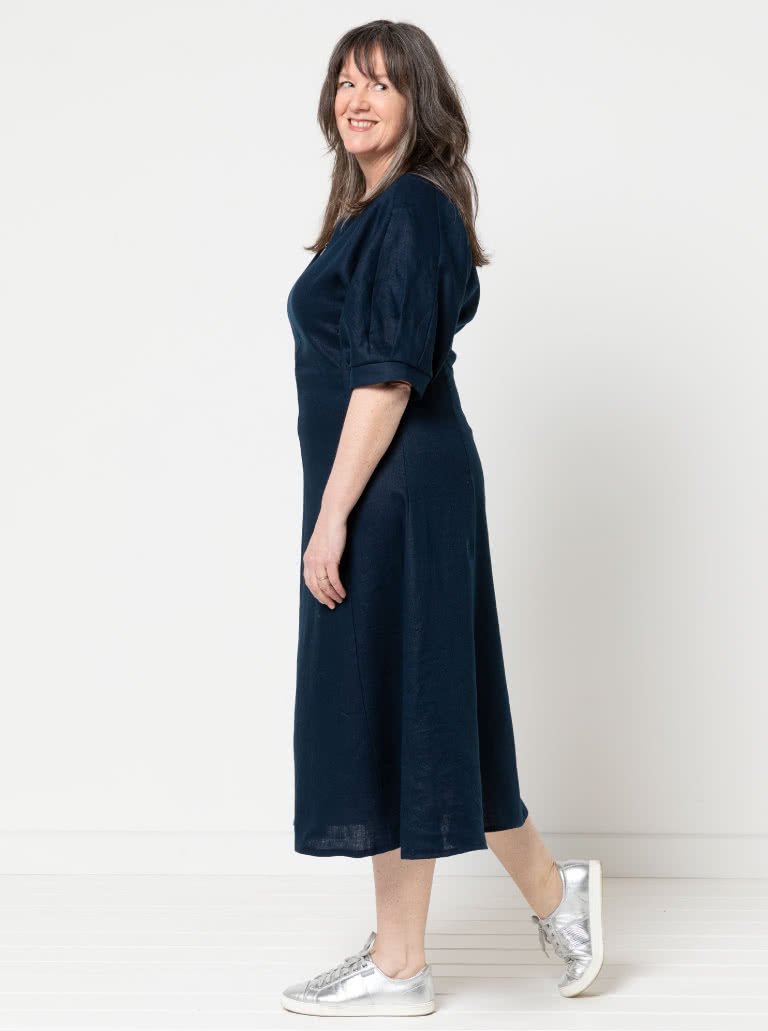 Penelope Woven Dress By Style Arc - Calf length, semi fitted princess line dress featuring an architecturally designed sleeve.